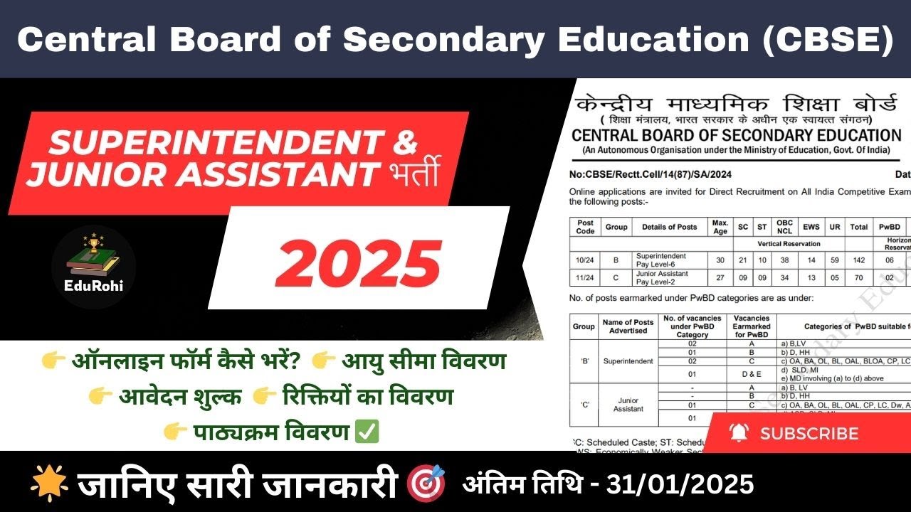 CBSE Board Superintendent & Junior Assistant Recruitment 2025 | Eligibility, Apply Online Details
