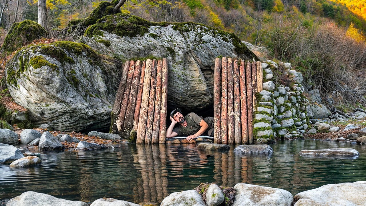 Cozy Rock Shelter by the Stream | Fire Cooking & Bushcraft Trout