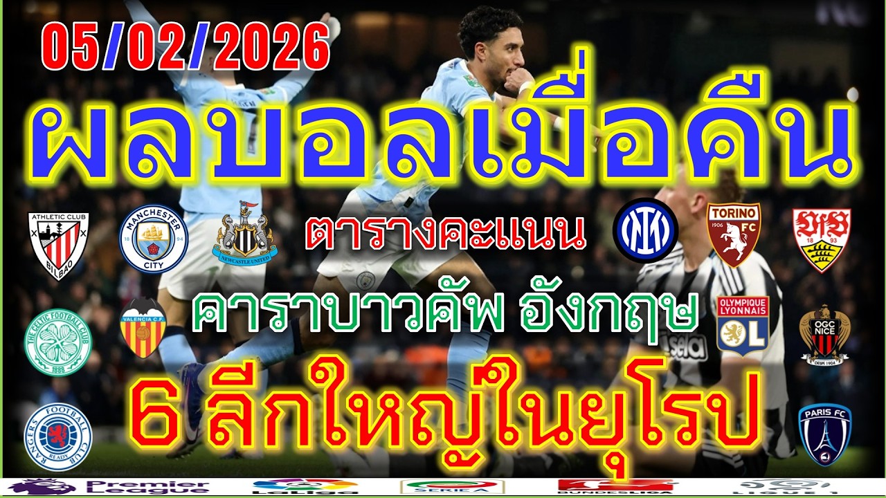 ผลบอลเมื่อคืน/คาราบาวคัพ/โกปาเดลเรย์/โคปปาอิตาเลีย/เดเอฟเบ โพคาล/เฟร้นช์ คัพ/ไทยลีก/5/2/2026