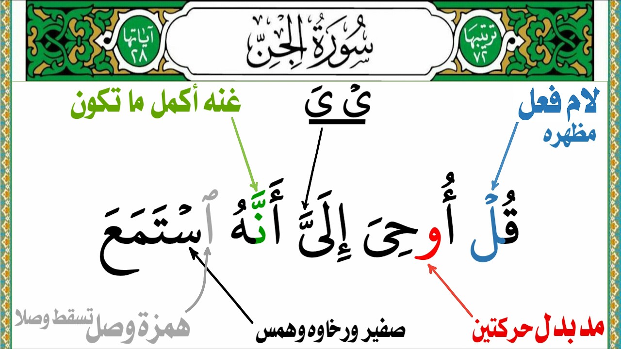 سورة الجن مع شرح التجويد السهل اليسير 1️⃣ المدود والهمس وأحكام النون الساكنه والتنوين ومراتب الغنن