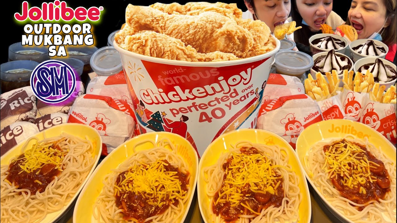 JOLLIBEE SA SM OUTDOOR MUKBANG! CHICKENJOY, SPAGHETTI, YUMBURGER, FRIES, CHOCO SUNDAE PINOY MUKBANG
