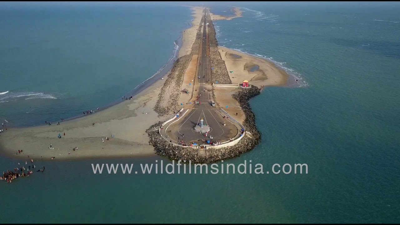 Ram Setu bridge, last tip of India's land before Sri Lanka : Dhanushkodi Pamban Island aerial view