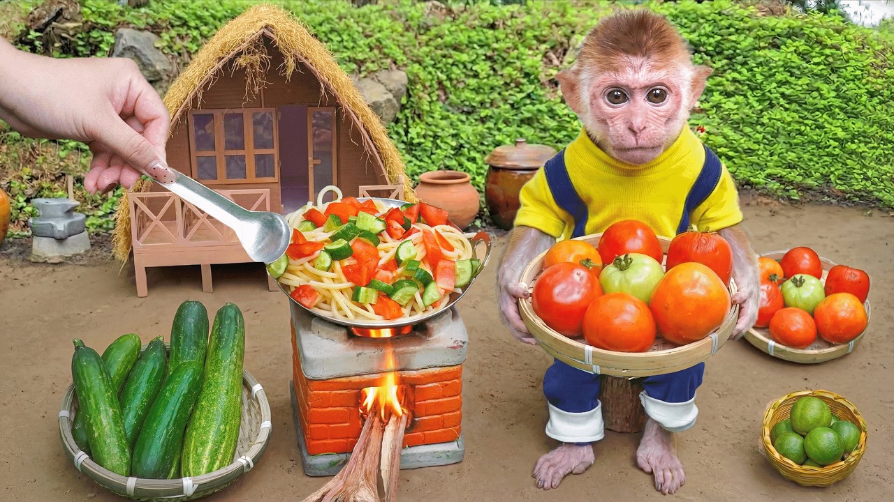 The smart monkey Xuka helps her sister harvest cucumber and tomato on the farm and cook breakfast !