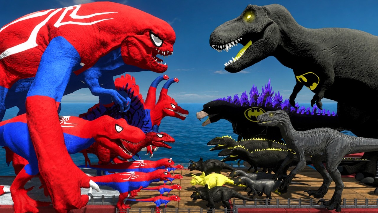 Spiderman D-Rex vs Batman T-Rex | Dinosaurs Bridge Challenge | Animal Revolt Battle Simulator