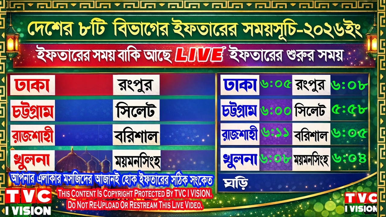 🔴 Live Day 15 | আজকের ইফতার ও সেহরির সময়সূচি –ঢাকা ও পার্শ্ববর্তী এলাকা | কোরআন তেলাওয়াত লাইভ ২০২৬