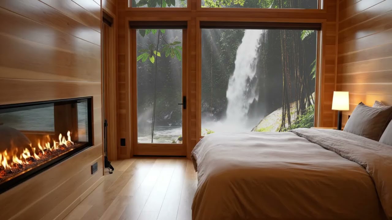 Forest Cabin Nightscape Relaxing Water Stream + Fireplace for Deep Rest