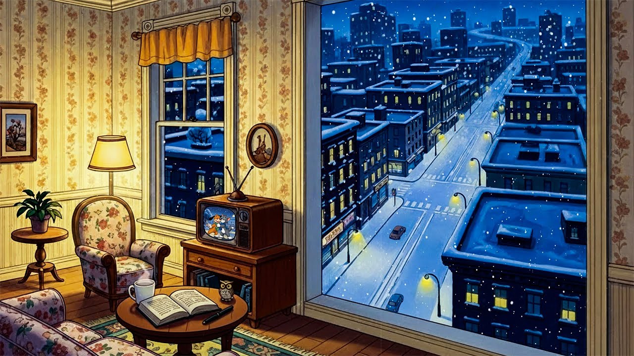 cozy snowy night with 1950s vintage oldies playing in another room