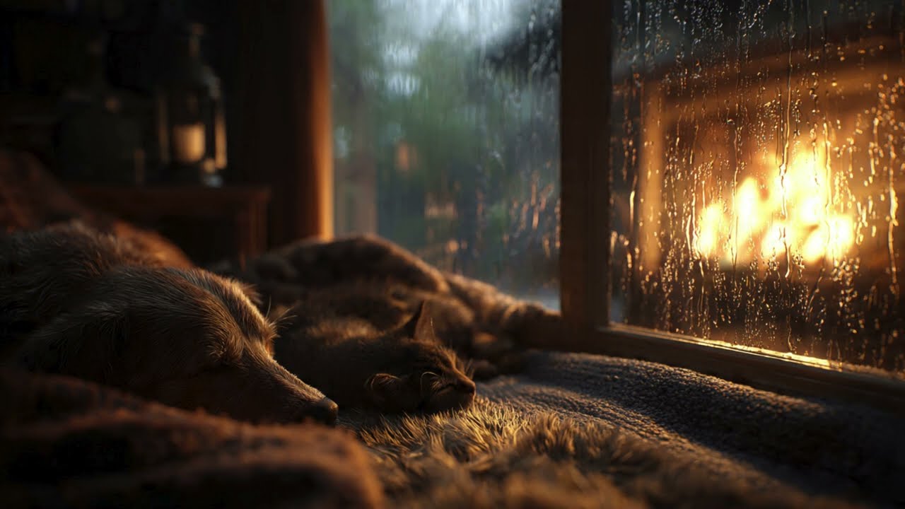 Rainy Night by the Fireplace 🌧️🔥 Dog & Cat Sleeping | 14 Min Cozy Relaxation