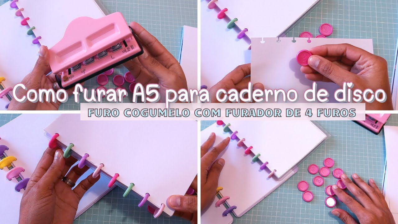 Como furar miolo A5 com furador furo cogumelo para caderno de disco
