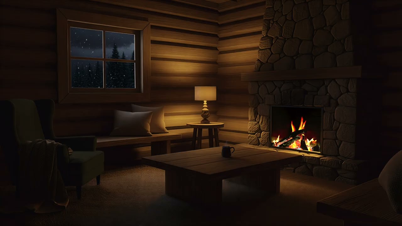 Cozy Cabin in a Snowy Forest – Soft Firelight, Falling Snow, Calm Winter Ambience