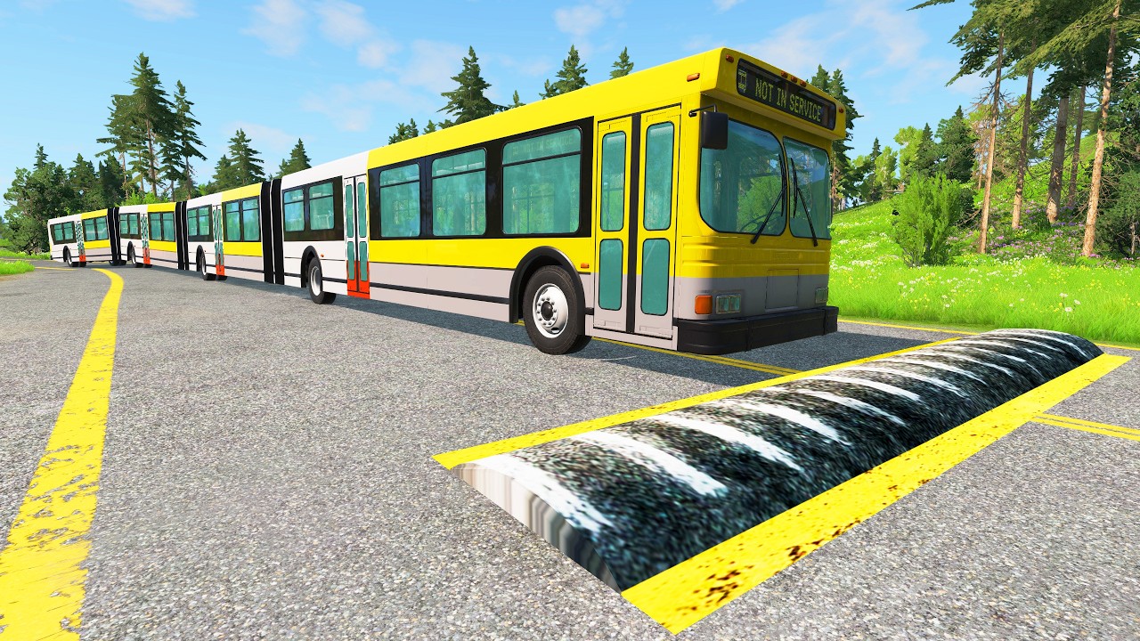LONG BUS, TRUCKS And CARS Vs MASSIVE SPEED BUMPS - BeamNG.Drive