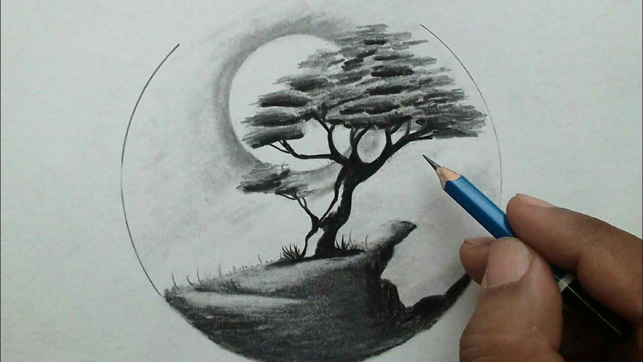 Easy Moonlight night scenery drawing step by step / pencil drawing ideas