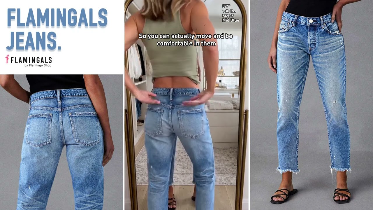 【Flamingals】Джинсы укороченные с необработанным краем, средней посадкой и прямыми штанинами #jean...