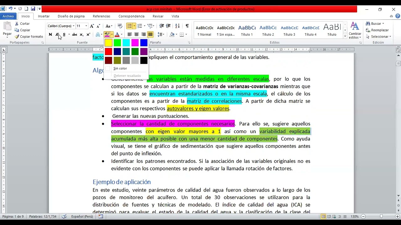 Análisis de componentes principales en MINITAB