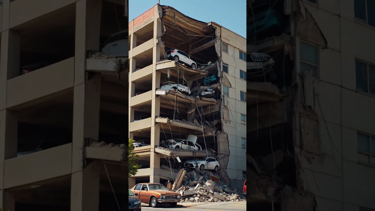 A collapse of an old multi-level parking structure &mdash; possibly due to structural fatigue or overload