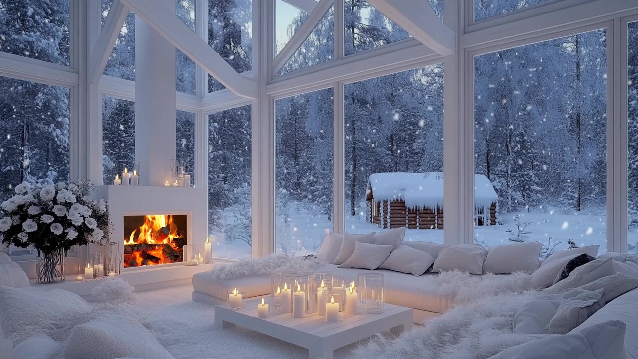 🌨️🎶 Snowy Cabin Piano Haven | Fireplace Glow & Gentle White Blossom Decor | Quiet Winter Evenings