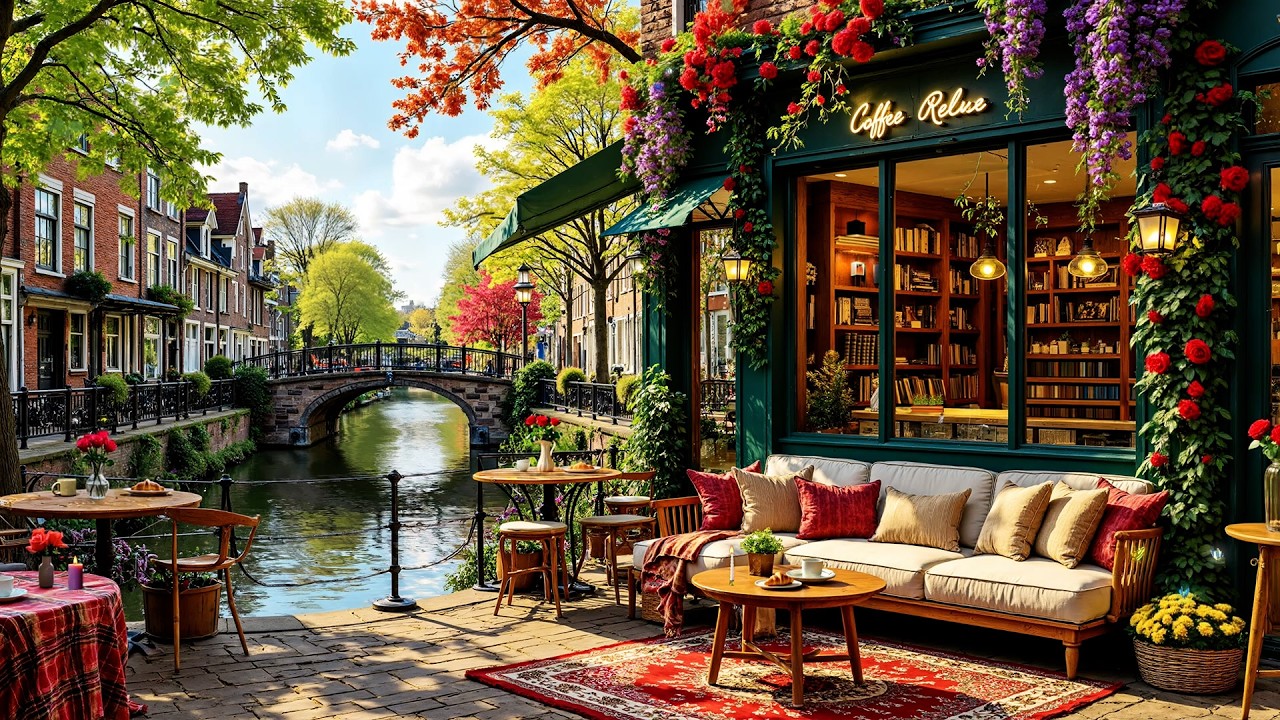 Smooth Spring Jazz Music🌼🍋Outdoor Coffee Shop Ambience for Study & Focus ~ Peaceful Morning Jazz 🎧💫