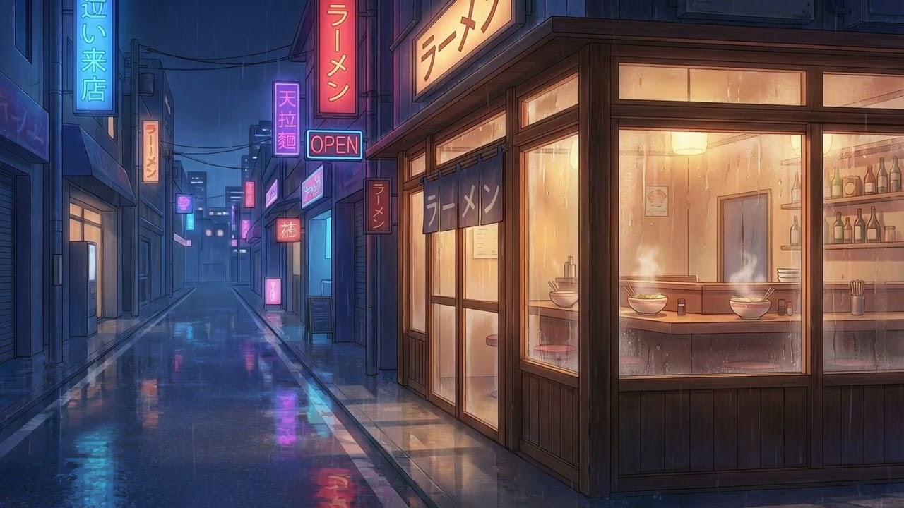 Tokyo Rain Lofi Beats 🌧️ Neon Alley Ramen Shop - Peaceful Study & Sleep Music