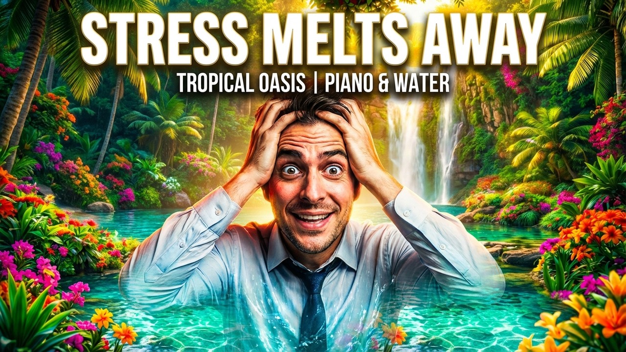 Tropical Waterfall Oasis 🌿 Soft Piano & Water Sounds | 1 Hour Relaxing Ambience (4K)