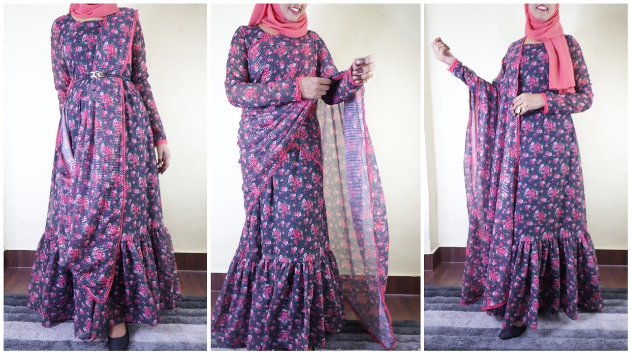 15/Outfit Out Of #100Designing Saree style gown cutting/3 in 1 dress/ ready to wear saare/Viral dres