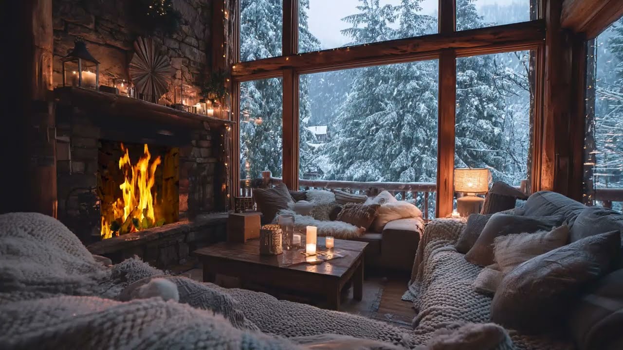 Snowy White Noise for Sleeping - Cozy Winter Room with Crackling Wood Fireplace Ambience