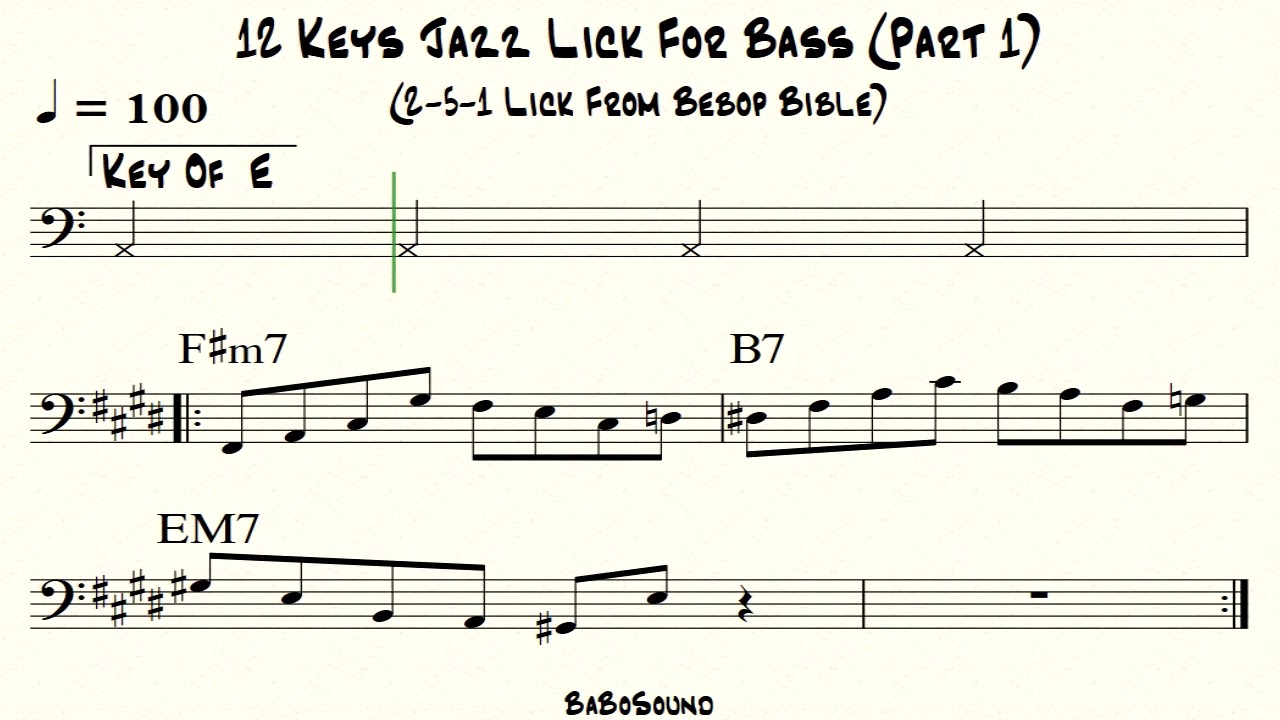 12 Keys Jazz Lick  For Bass (Part 1) / 2-5-1 Lick (Bebop Bible)