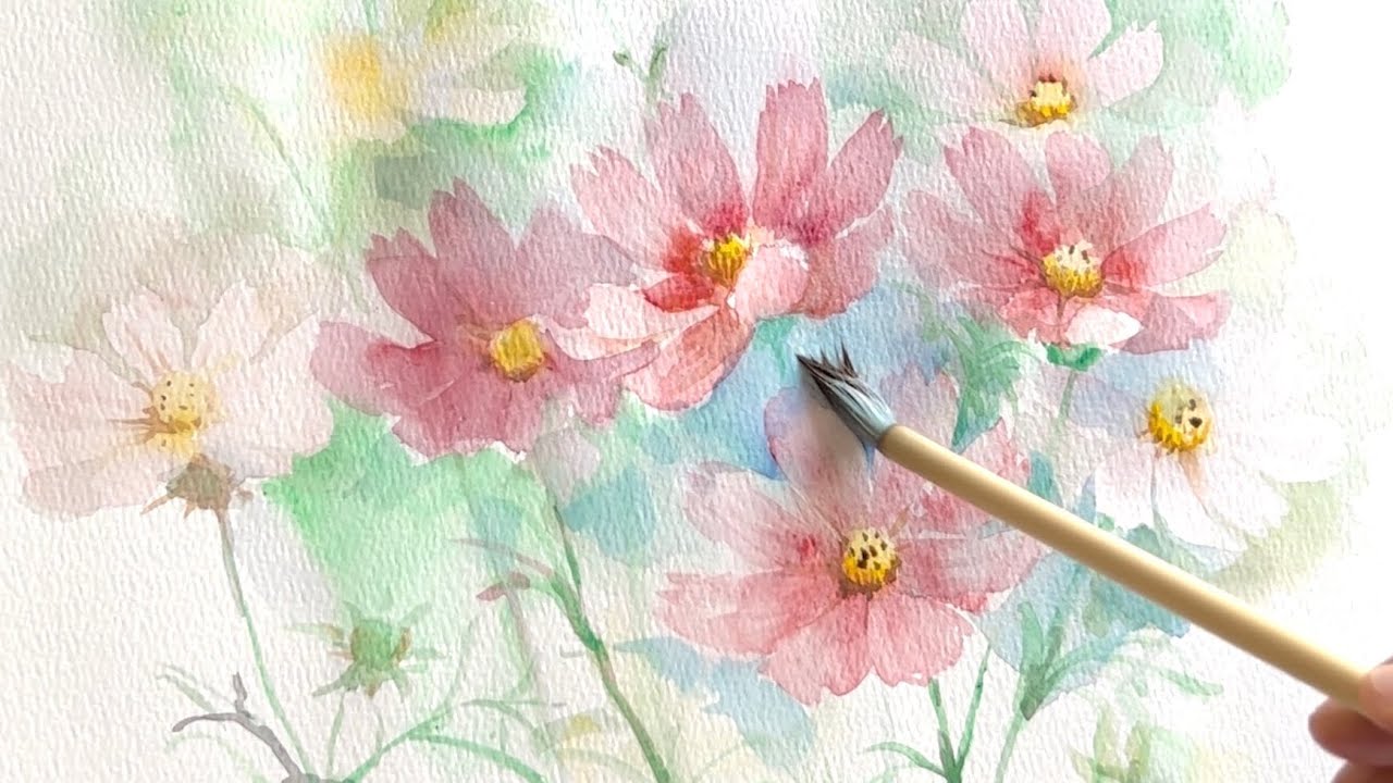 [水彩画]コスモスの花を描く/watercolorpainting/制作過程
