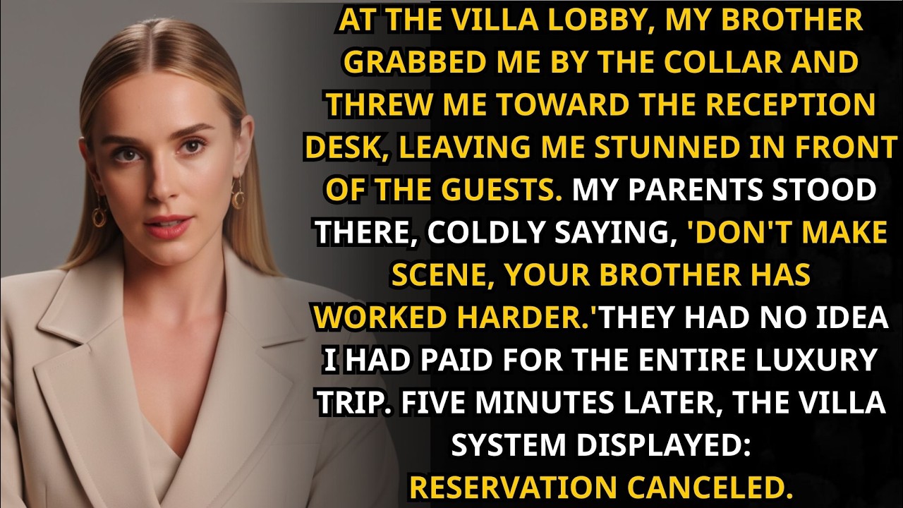 At the villa lobby, he threw me across the reception… five minutes later, everything changed…