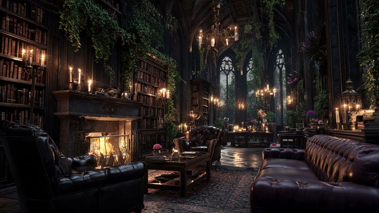 Gothic Library Rain Ambience – Cozy Fireplace & Relaxing White Noise for Sleep & Study