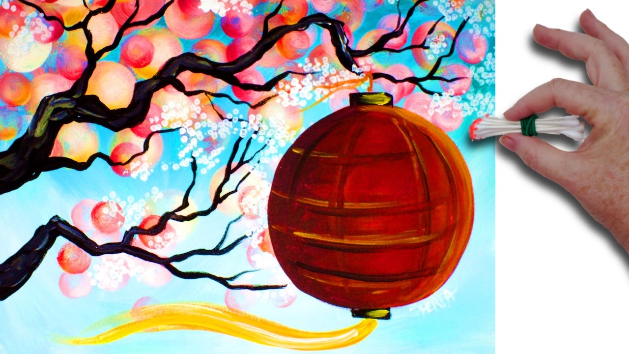 Q-tip 🎨🌷 Cherry Blossom Branch with red lantern 🎨🌷 Acrylic Painting | TheArtSherpa