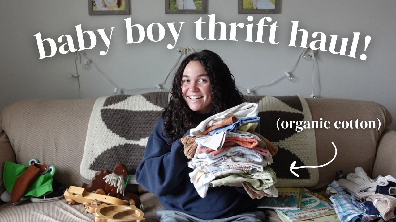 Baby boy thrift haul 🫶🏼 || organic cotton, aesthetic outfits, overalls, wood toys, crunchy mom