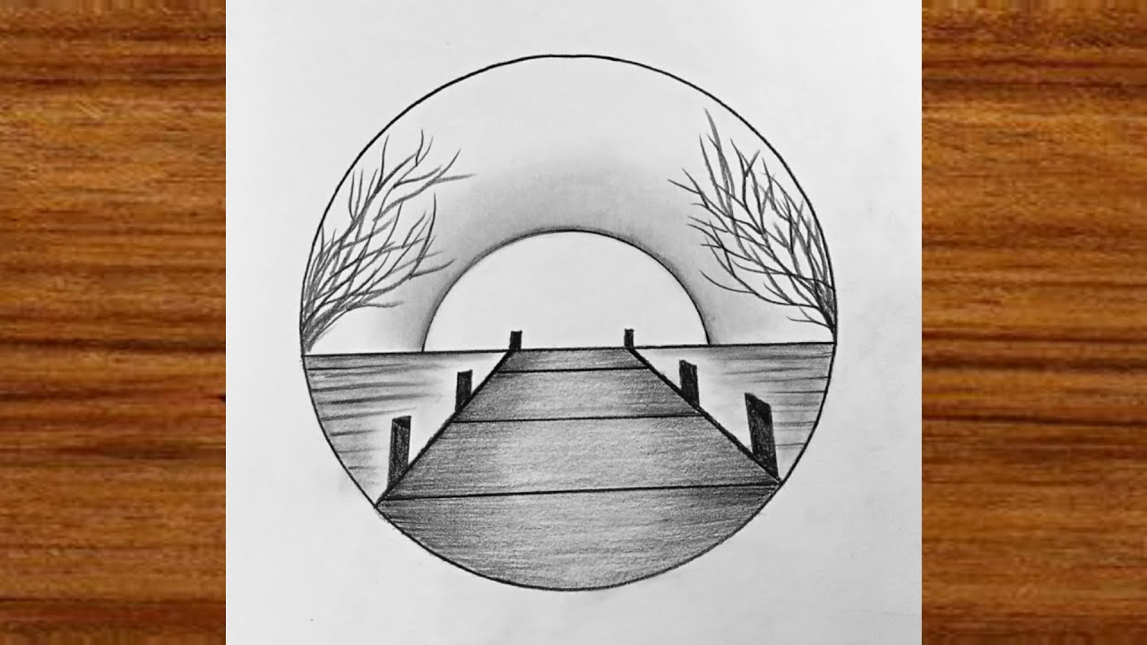 Pencil drawing in circle  | Easy drawing ideas for beginners | Pencil sketch scenery drawing