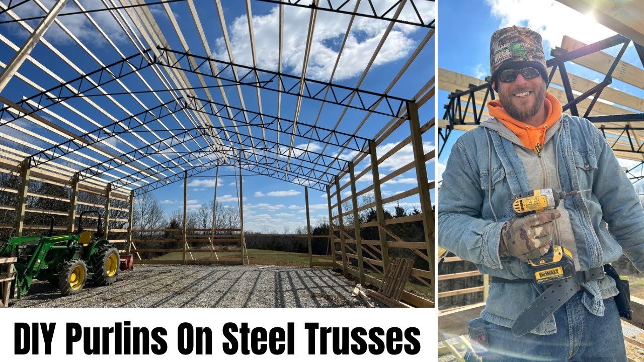 DIY Pole Barn Construction #14: How To Install Roof Purlins On Steel Trusses | Do It In 1 Day!