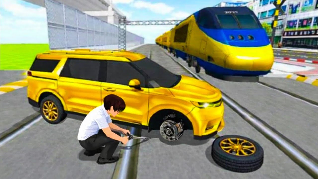3D Driving Class | Golden Car Tyre Repair Near Railway Track 🚆 | Realistic Car Breakdown Gameplay