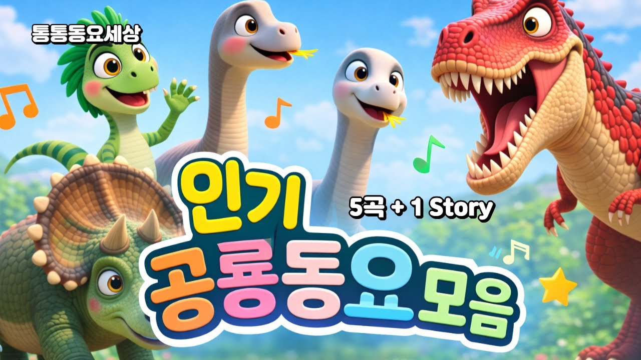 🦖 공룡 동요 모음 5곡+1 STORY | T-REX MISSING EGG+공룡왕국+트리케라톱스+스테고사우루스+벨로시랩터+영어동요 |신나는 어린이,영유아 동요|교육동요|통통동요세상