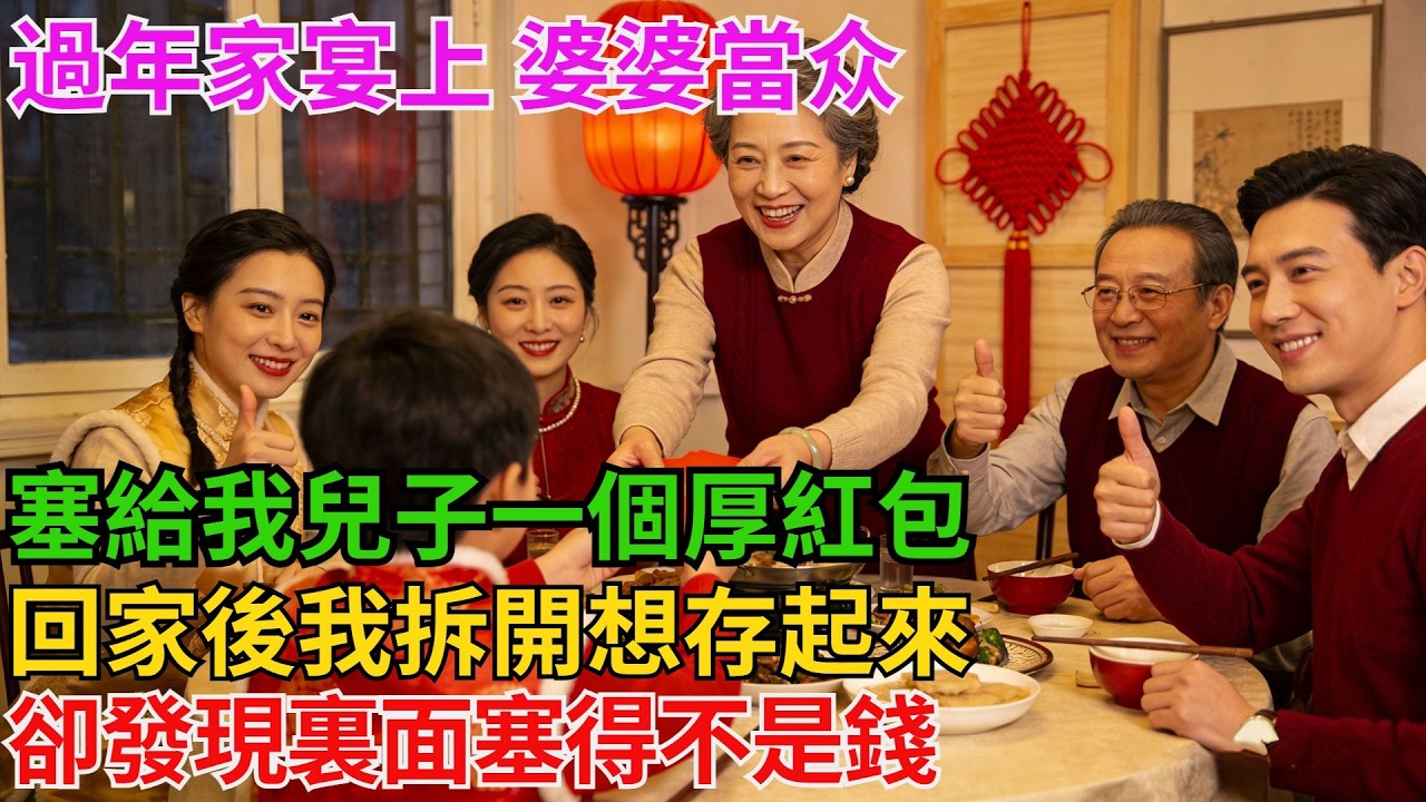 過年家宴上，婆婆當衆塞給我兒子一個厚紅包，親友都誇她大方，回家後我拆開想存起來，卻發現裏面塞得不是錢【阿馨夜讀】#故事分享#情感#婆媳矛盾#AA制