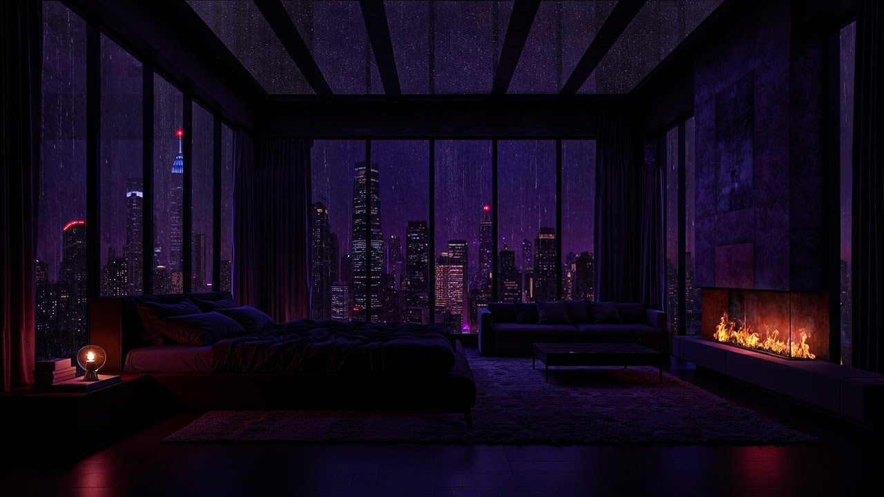 Midnight Rain in a Modern City Bedroom 🌧️ | Deep Sleep Piano & Fireplace Ambience for Relax, Focus