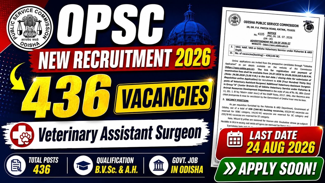 OPSC Veterinary Assistant Surgeon Recruitment 2026 | 436 Vacancies Out | Apply Before August 26, ...