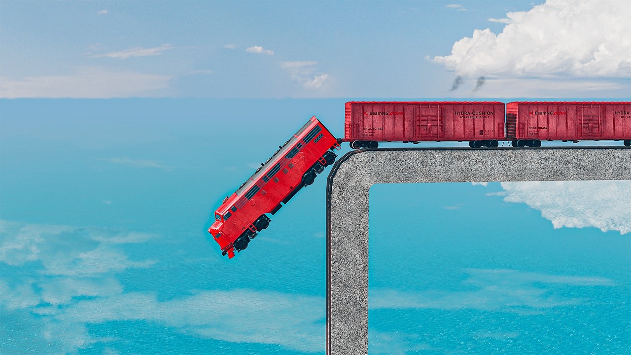 Quadruple Colorful Train vs Impossible Mistake Weird Rail Track Crossing Deepwater | BeamNG.drive