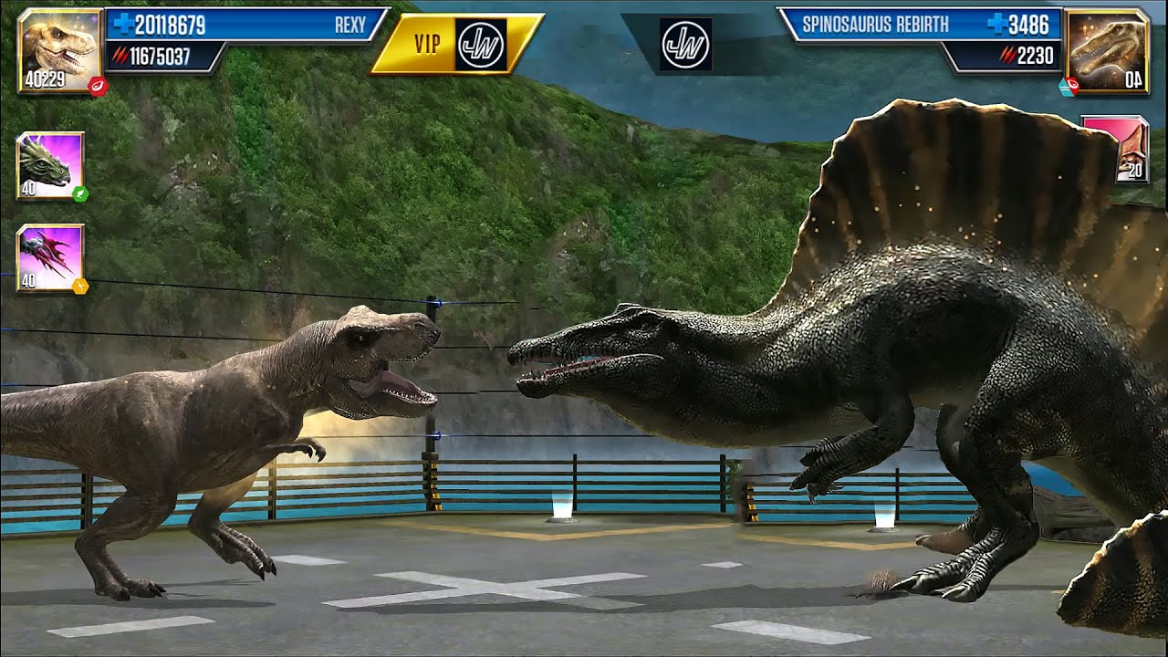 Spinosaurus Rebirth Vs Rexy Jungle King | Fight | Jurassic World The Game