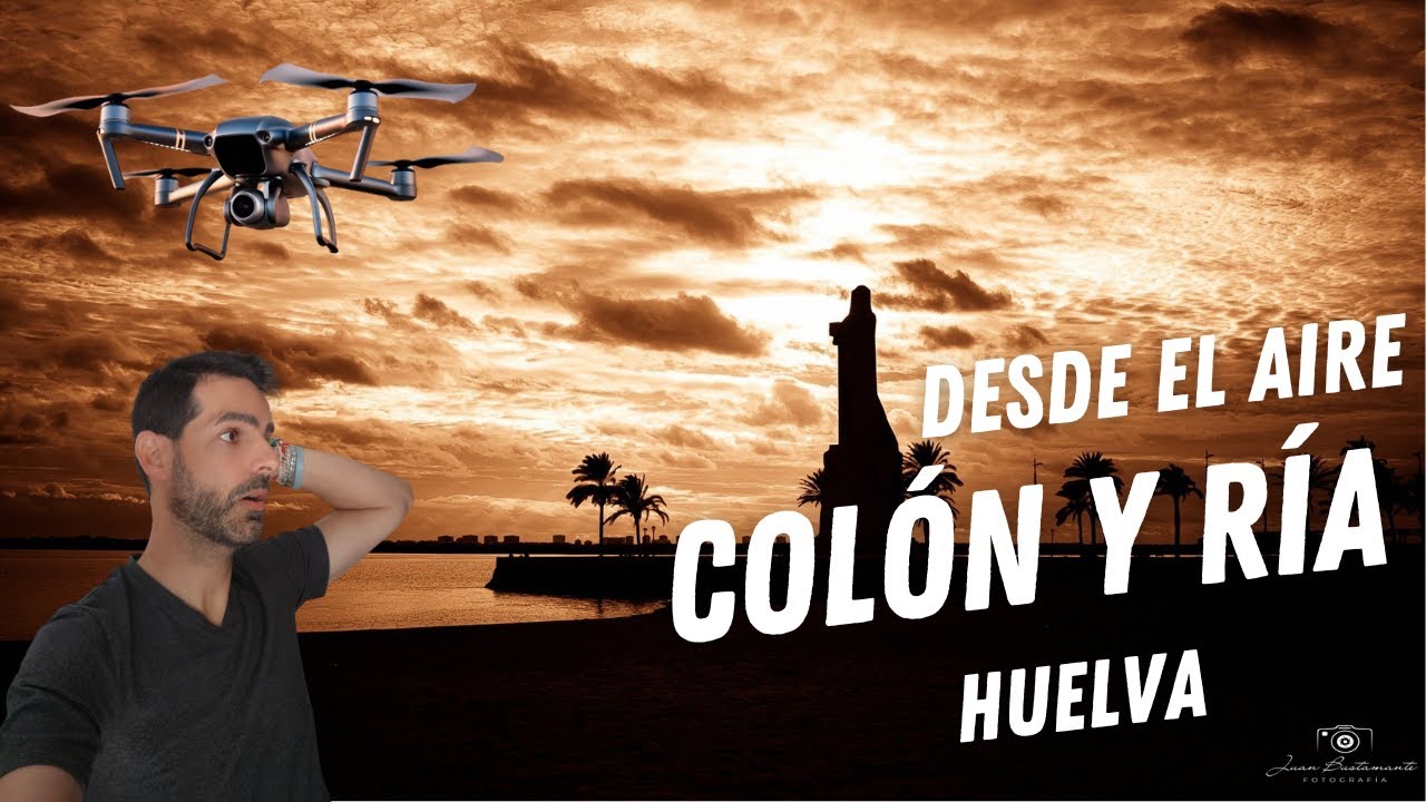 Col&oacute;n y paseo de la r&iacute;a (Huelva) desde el aire en 4K