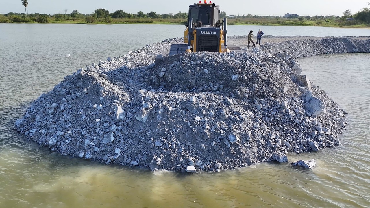 Wow Amazing!Bulldozer SHANTUI Push Stone Into Water+DumpTruck25 TON Unloading Stone Filling Lake