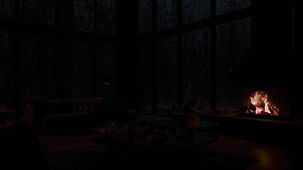 Heavy Rain Forest on Attic Windows 🌧️ Cozy Fireplace Night for Deep Sleep & Relaxation
