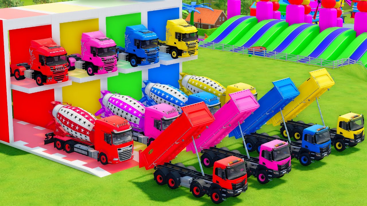 Garage with Colors - ALL MIXER TRUCK WITH DOUBLE FLATBED TRAILER TRUCK, SCANIA, DAF, IVECO - FS22