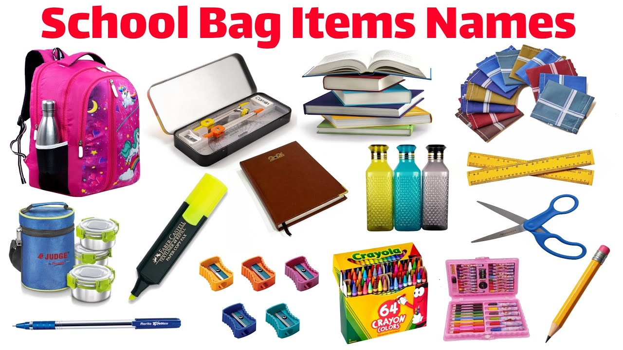 20 School Bag Items Names | Learn School Bag Objects in English | Kids Learning Video