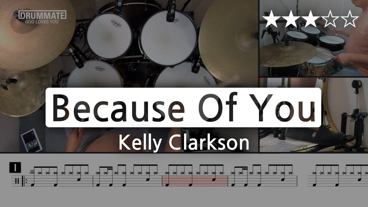 [Lv.14] Because Of You - Kelly Clarkson  (★★★☆☆) Pop Drum Cover Score book Sheet Lessons Tutorial