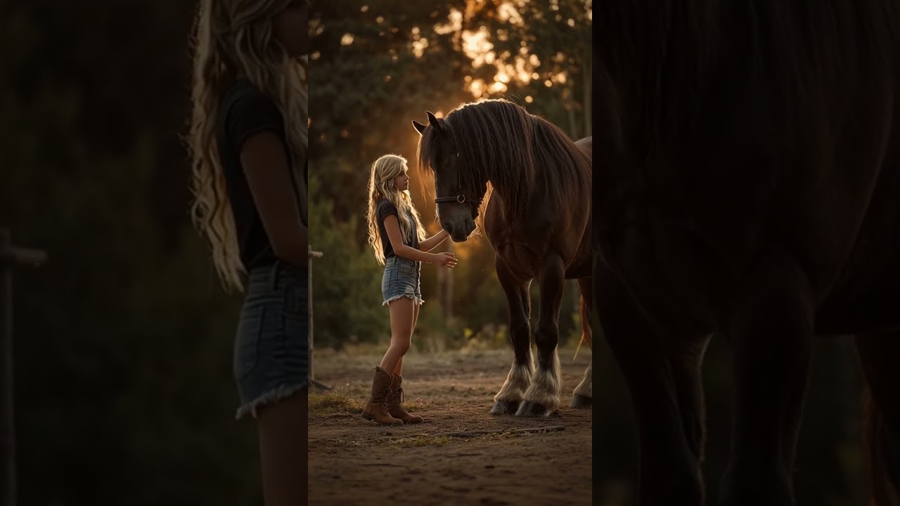 Girl slowly approaches a beautiful dark brown Shire horse in a sunny, lush ranch, side view, girl...