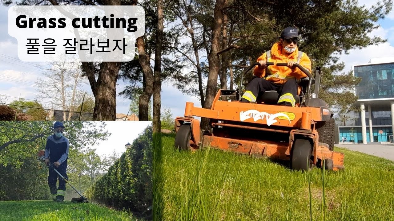 [S1-15] Grass cutting | 잔디 깎는 방법, 장비 소개, 캐나다 조경 일🌳영상 장비-Zeroturn, Push mower, Line trimmer |KOR/ENG