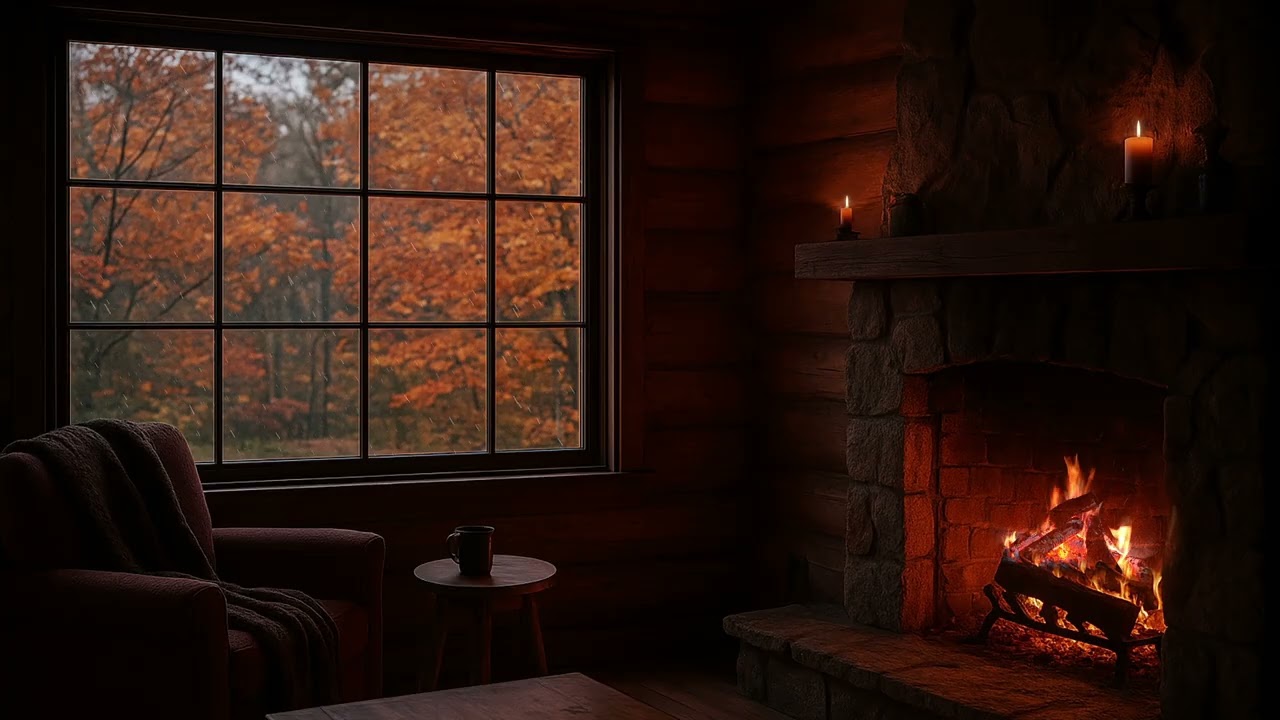 Cozy Cabin Ambience Ambience with Crackling Fireplace & Autumn Rain Sounds | Relaxing Fall Aesthetic