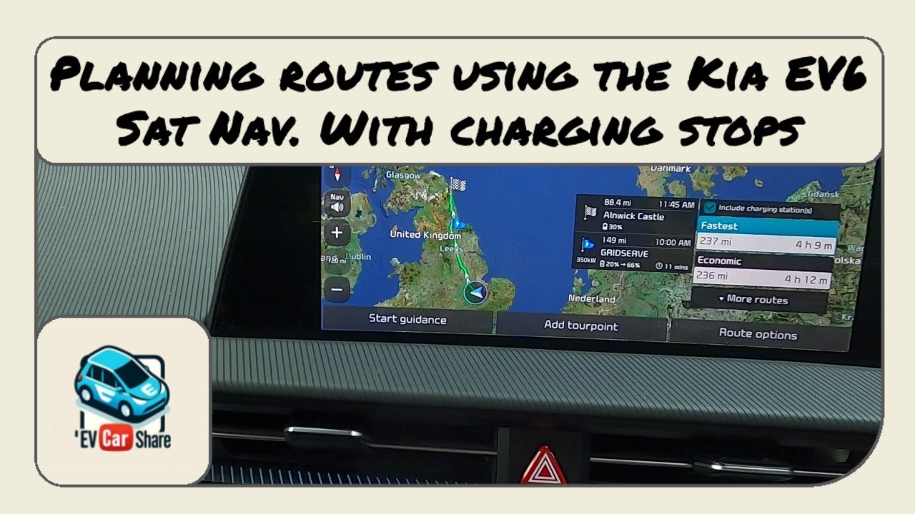 Planning a trip using the Kia EV6 in built Sat Nav system. Including how to add charging stops.